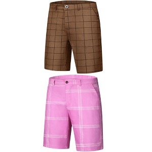 Lars Amadeus Men's Flat Front Zip Up Checked Pattern Chino Shorts 2 Packs - 1 of 4