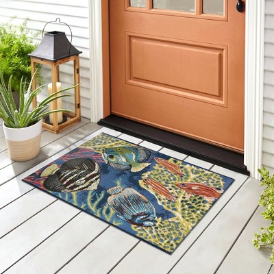 Navy Rectangular Synthetic Fish Design Indoor/Outdoor Mat