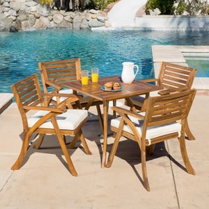 GDFStudio Baia Outdoor Acacia Wood 5 Piece Dining Set with Cushion, Teak/Cream - 1 of 4