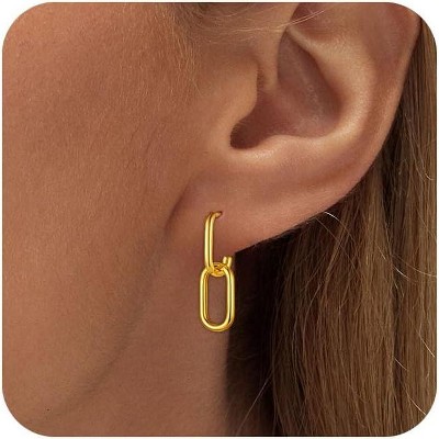 Gold Earrings for Women Trendy, Simple Dainty 14K Gold Plated Paperclip Square Chain Link Dangle Pin Stud Huggie Earrings Lightweight