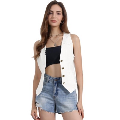 INSPIRE CHIC Women's Denim Sleeveless Collarless Washed Distressed Jean Vest