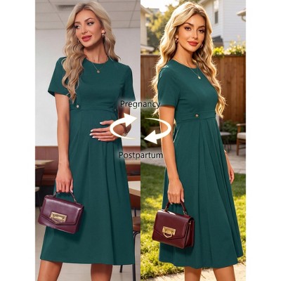 Женские платья INSPIRE CHIC Women's Maternity A Line Crewneck Short Sleeve Stretchy Summer Midi Pregnancy Work Dresses Small Dark Green — фото 4