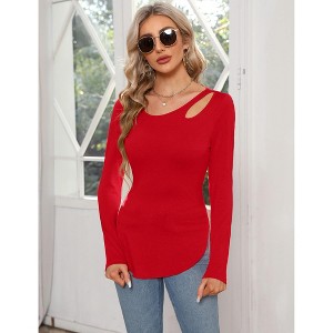 Clearlove Women’s Long Sleeve Cutout Asymmetrical Neck Tshirt Slim Fit Tunic Blouse with Side Split Slit Casual Solid Tops - 1 of 4