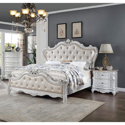 Vynxaria Traditional Pearl White Nightstand Solid Wood 2-Drawer Bedside Table Genuine Marble Top Round Knobs