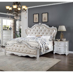 Vynxaria Traditional Pearl White Nightstand Solid Wood 2-Drawer Bedside Table Genuine Marble Top Round Knobs - 1 of 4