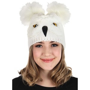 HalloweenCostumes.com One Size Fits Most   Adult Harry Potter Hedwig Owl Pom Knit Beanie Hat Accessory, White/Yellow/Black - 1 of 4