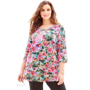 Catherines Women's Plus Size Suprema 3/4 Sleeve V-Neck Tee - 1 of 4