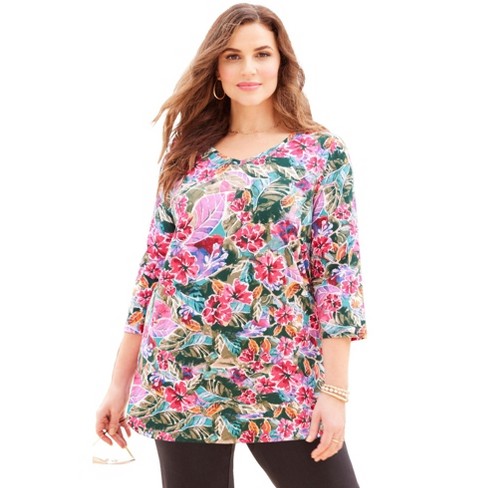 Catherines Women's Plus Size Suprema 3/4 Sleeve V-neck Tee - 5x, Multi ...