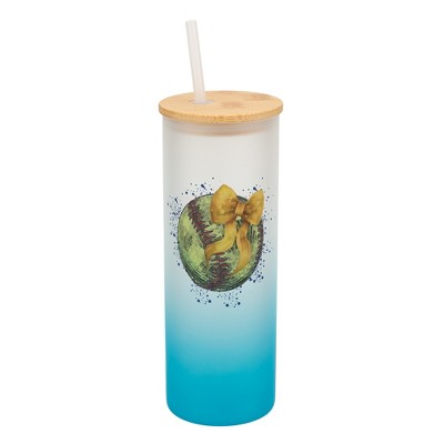 Elanze Designs 25 Ounce Frosted Glass Gradient Travel Tumbler With Straw and Wooden Lid, Softball With Gold Bow Sky Blue