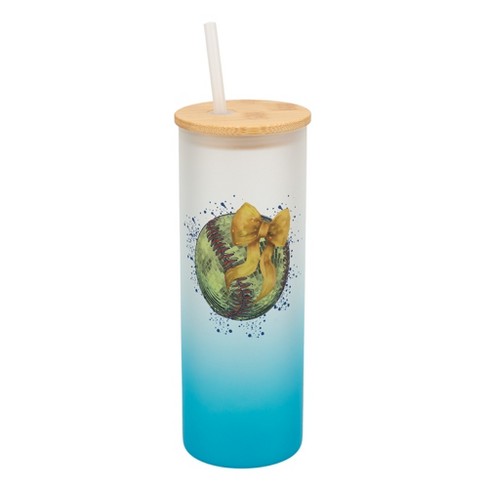 Elanze Designs 25 Ounce Frosted Glass Gradient Travel Tumbler With Straw and Wooden Lid, Softball With Gold Bow Sky Blue - image 1 of 1