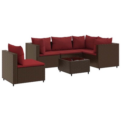 vidaXL Patio Lounge Set with Cushions Sectional Sofa Garden Backyard Poly Rattan - Brown and Red 3x Corner 2x Middle Table