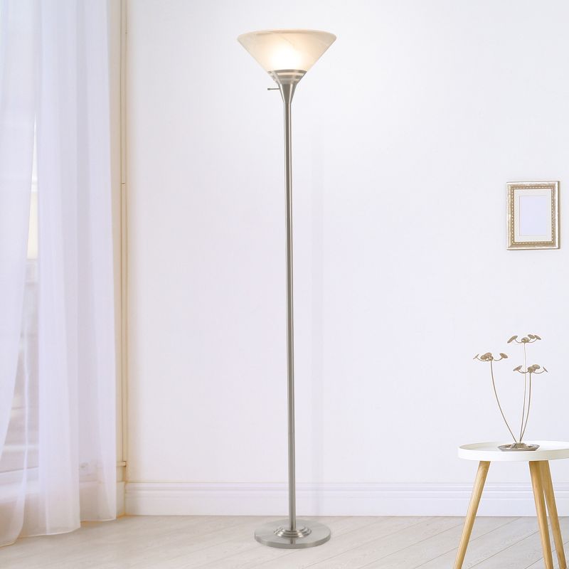 Hastings Home Torchiere Floor Lamp With Marbleized Glass Shade and LED Bulb - Brushed Silver, 2 of 7