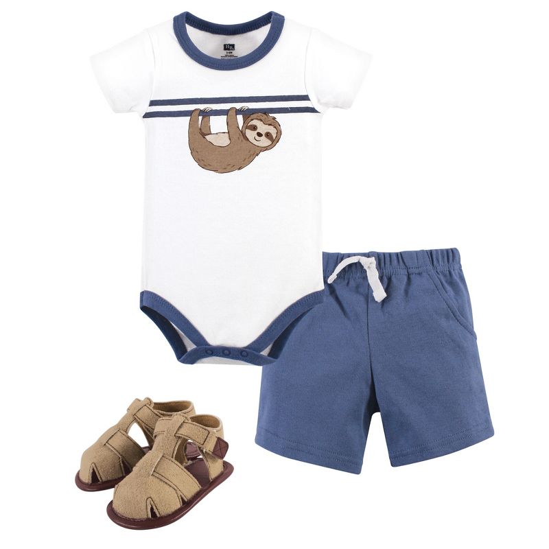 Hudson Baby Infant Boy Cotton Bodysuit, Shorts and Shoe 3pc Set, Sloth, 1 of 6