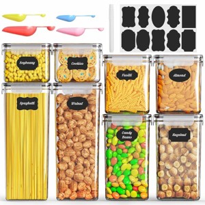 Racxily 8 PCS Plastic Kitchen and Pantry Organization Canisters for Cereal, Dry Food, Flour and Sugar, BPA Free, Free Spoon Set, Labels & Marker - 1 of 4