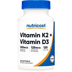 Nutricost Vitamin K2 (MK7) (100mcg) + Vitamin D3 (5000 IU) 120 Softgels - Gluten Free and GMO-Free - 1 of 4