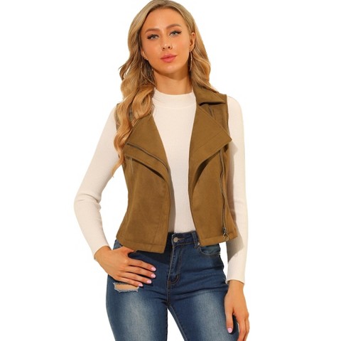 INSPIRE CHIC Women's Faux Suede Casual Sleeveless Biker Vest Jacket Camel X-Small