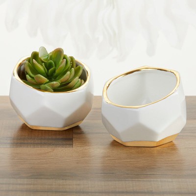Small White and Gold Geometric Ceramic Planters Set
