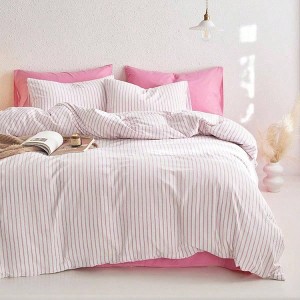 Striped Cotton Duvet Cover Set, Ticking Stripe, Farmhouse, 100 Washed Cotton, 3 Pieces, Pink White, Full Size - 1 of 4