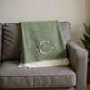 HomeRoots 55" X 70" Moss Green And White Herringbone Cotton Blend C Initial Throw Blanket with Tassels And Embroidery - 2 of 4