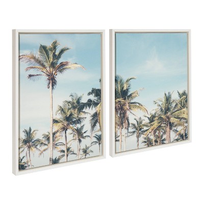 Sylvie Coastal Coconut Palm Tree Beach Canvas Set in White Frame