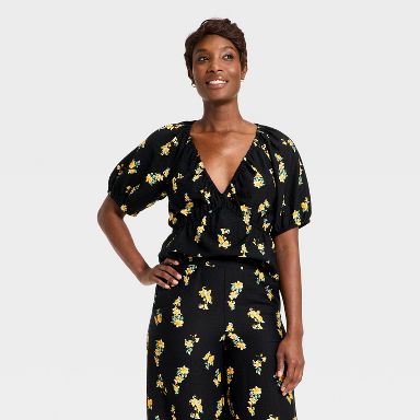 Women's Short Sleeve Slub Crepe Top - A New Day™ Black Floral XS