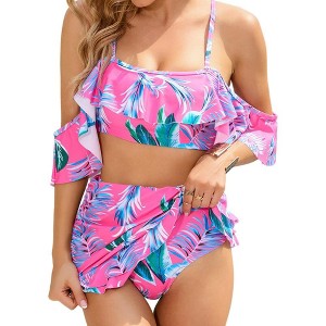 Womens Two Piece Swimsuits Ruffle Swim Skirts with Built-in Brief Off Shoulder Flounce Crop Top Spaghetti Strap Swimwear Sets - 1 of 4