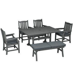 6 Pieces Patio Dining Set, 6 Seater Outdoor Table and Chairs, Conversation Furniture, Armrests, Loveseat Bench, Dinner Table with Umbrella Hole - 1 of 4