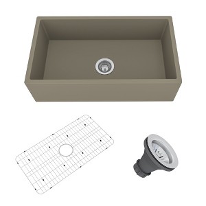 CASAINC 33" Farmhouse Apron Single Bowl Concrete Kitchen Sink with Bottom Grid and Drain Assembly, Taupe - 1 of 4