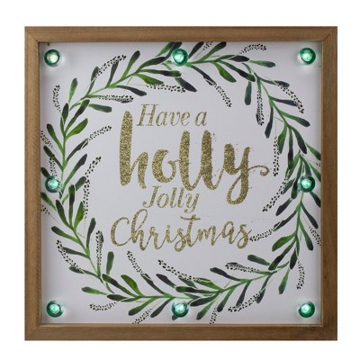 Northlight 11.75" Lighted "Holly Jolly" with a Green Wreath Wood Christmas Plaque