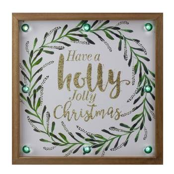 Northlight 11.75" Lighted "Holly Jolly" with a Green Wreath Wood Christmas Plaque