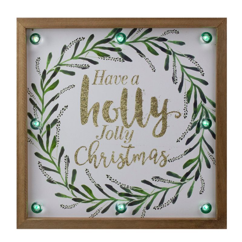 Northlight 11.75" Lighted "Holly Jolly" with a Green Wreath Wood Christmas Plaque, 1 of 4