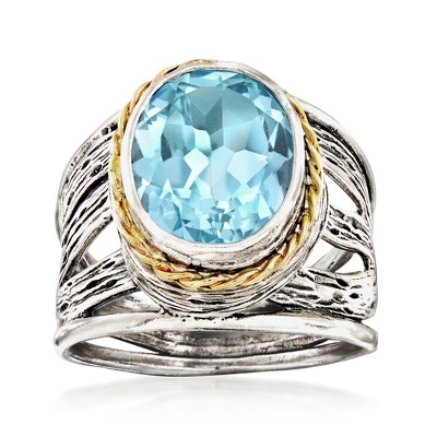 Ross-Simons 5.00 Carat Blue Topaz Openwork Ring in Sterling Silver and 14kt Yellow Gold