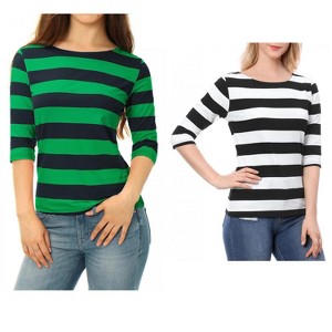 Allegra K Women's Casual Basic Elbow Sleeves Boat Neck Slim Fit T-Shirts 2 Packs - 1 of 4