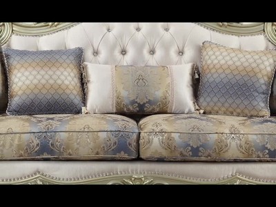 Elegant Antique White Floral Tufted Sofa with Nailhead Trim