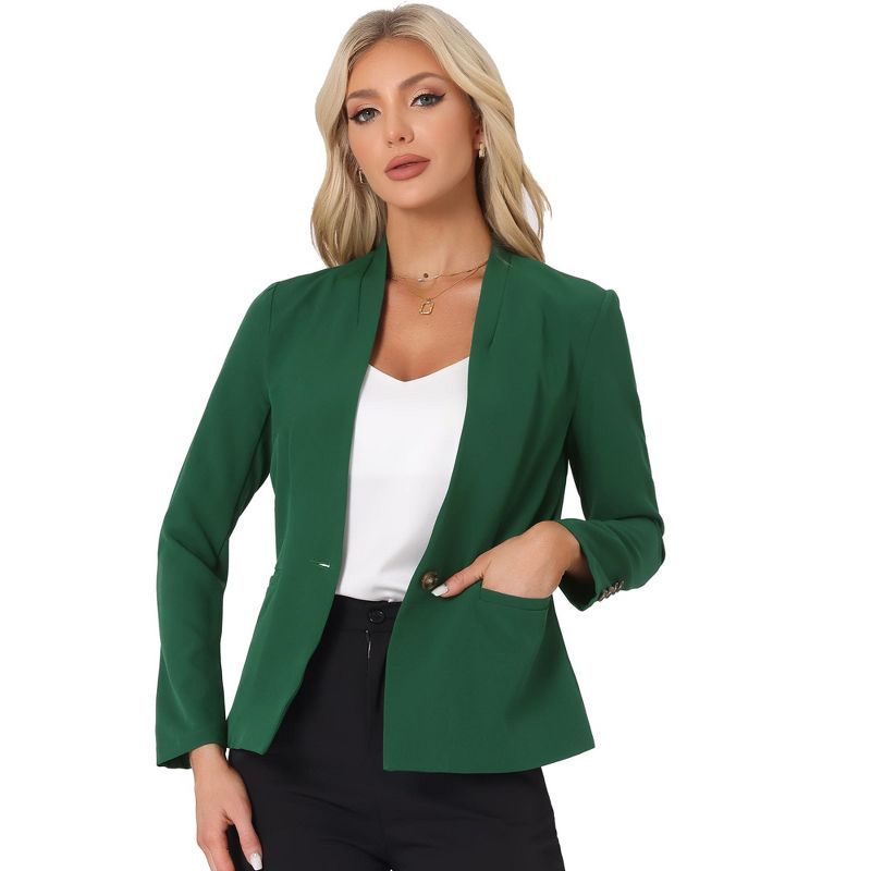 Allegra K Women's Solid Stand Collar Buttoned Long Sleeve Casual Blazer, 1 of 6