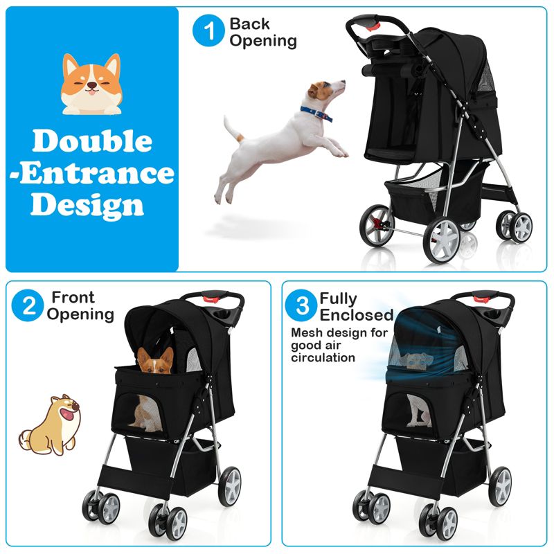 Costway Folding Pet Stroller 4-Wheel Pet Travel Carrier w/Storage Basket, 4 of 11