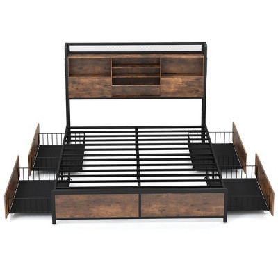 Queen Size Vintage Brown Bed Frame with Bookcase Headboard and Storage Drawers