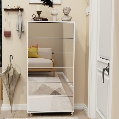 INFURNIC Decorative Storage Cabinets Mirror Shoe Cabinet with 6 Flip Drawers and Metal Legs for Entryway, White, 24.8"*13.39"*47.64"
