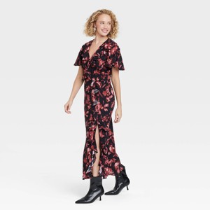 Women's Ruffle Flounce Short Sleeve Maxi Dress - A New Day™ Black/Red Floral - 1 of 3