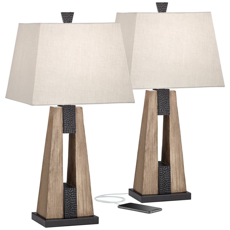 John Timberland Mitchell Rustic Farmhouse Table Lamps 27" Tall Set of 2 Wood with USB Charging Port Oatmeal Tapered Rectangular Shade for Living Room, 1 of 10