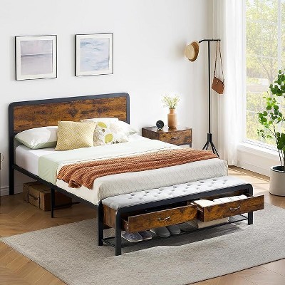 Bed Frame with Wood Headboard & Sit Bench - 2 Storage Drawers, Sturdy Metal Platform, Noise-Free Design