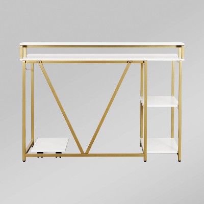 Modern Industrial Gold and Wood Writing Desk with Elevated Shelves