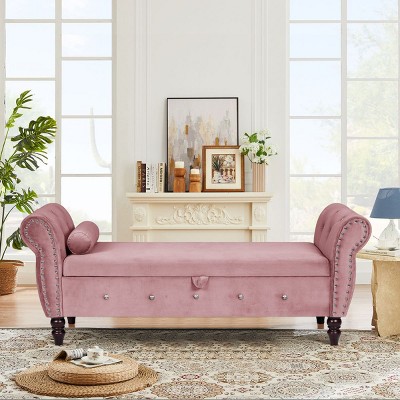63" Velvet End Of Bed Storage Bench King Size,Rolled Armstorage Ottoman Bench,Crystal Button Tufted Ottoman For Living Room-Cuddlewood