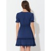 INSPIRE CHIC Women's V Neck Smocked Elastic Waist Short Sleeve Boho Crochet Trim Mini Dress - 4 of 4