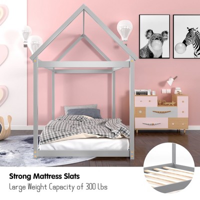 Gray Twin House Bed with Wood Frame and Roof
