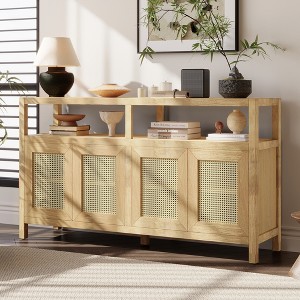 Bohemian Rattan Buffet Cabinet with Solid Wood Frame, 3-Position Adjustable Shelves, Push-to-Open Doors, Ash Veneer Sideboard - 1 of 4