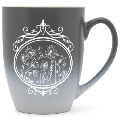 Elanze Designs Flowers in Circle Two Toned Ombre Matte Gray and White 12 ounce Ceramic Stoneware Coffee Cup Mug