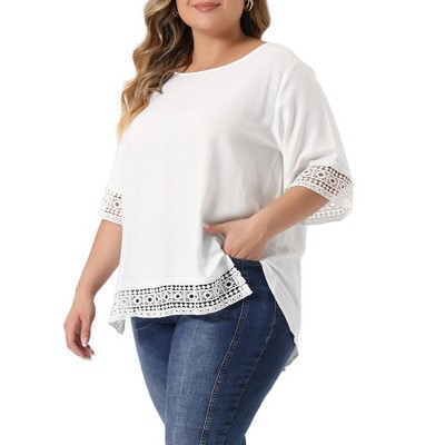  Plus Size Tops For Women Summer Waffle Knit Lace Short  Sleeve Shirts V Neck Dressy Casual Blouse Black-1X