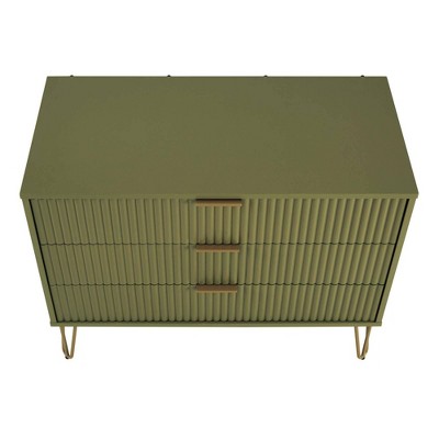 Olive Green 3-Drawer Chest with Gold Hairpin Legs