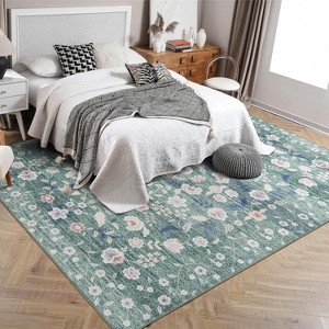 Area Rugs, Washable Floral Rugs, Soft Texture Floral Rug - Non Slip Washable Low Pile Carpet for Bedroom, Living Room, Office, Kids Room - 1 of 4